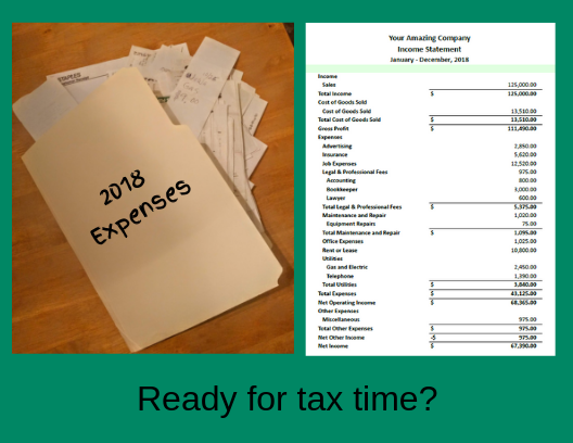 On left is folder overflowing with receipts. On right is an Income Statement showing income and expenses for the year.