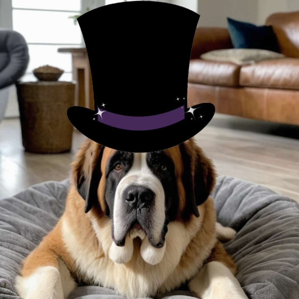 A large saint bernard wearing a top hat.