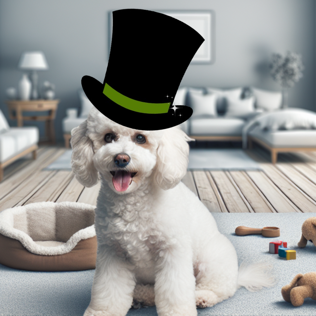 A white poodle wearing a top hat.