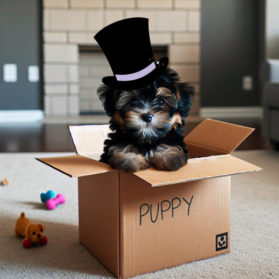 A small puppy in a cardboard box wearing a small top hat.